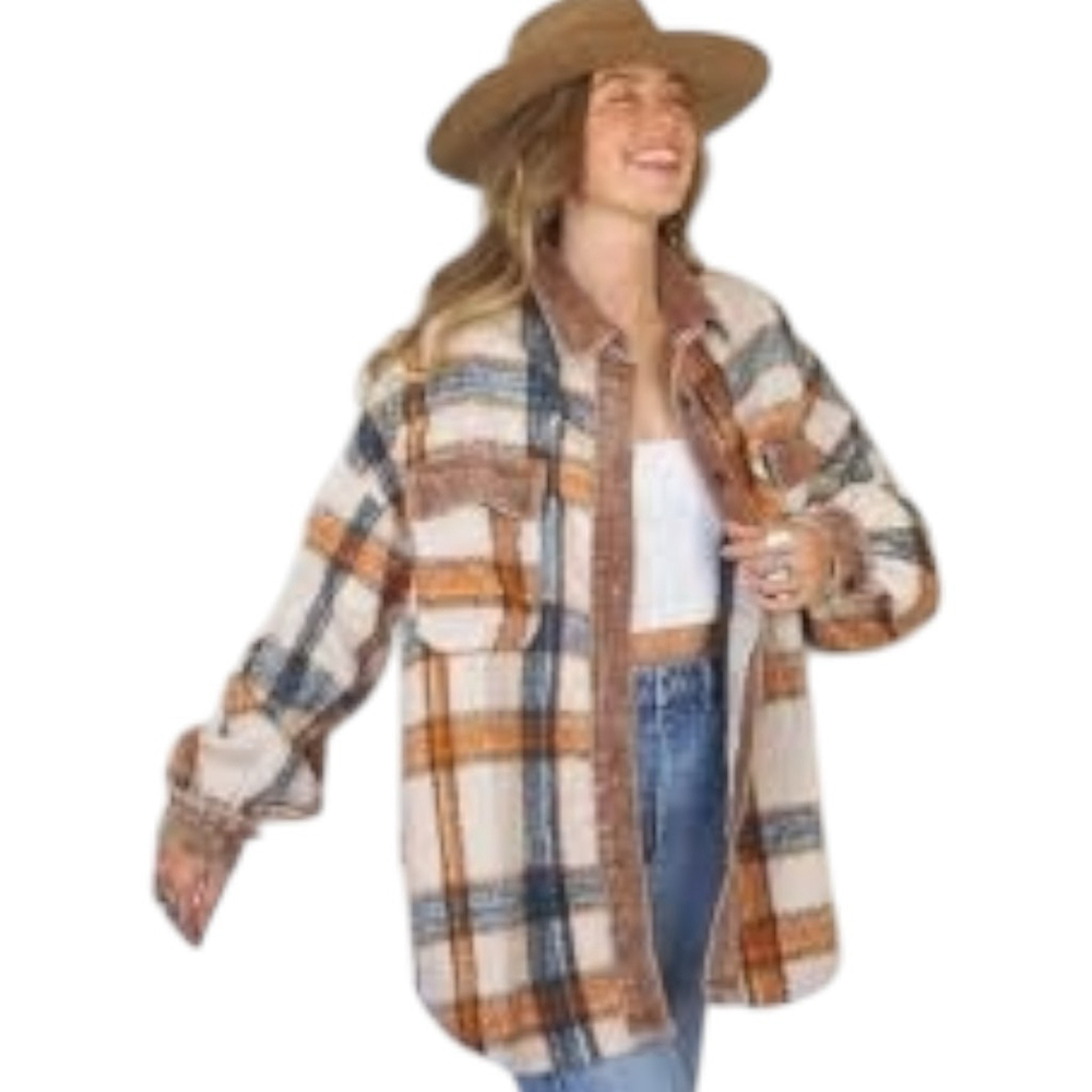 POL Collared Button Down Plaid Shacket Size L Beige Blue Orange